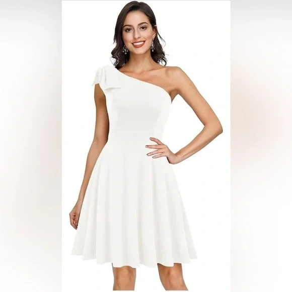 Jasambac Dresses | Jasambac Women's XL Bow One Shoulder Dress Pockets A-Line Cocktail Party Dress | Color: White | Size: XL | Rdlanier20'S Closet